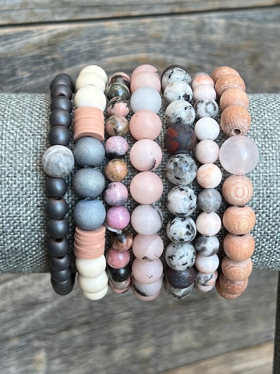 Zebra Jasper, Crystal, Wood, Sterling Silver Bead Bracelet - Made in the USA Zebra Jasper, Crystal, Wood, Sterling Silver Bead Bracelet - Made in the USA