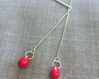 Red Teardrop Earrings: Sterling Silver Chain Threaders