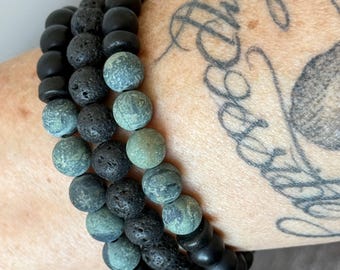 Kambaba Jasper & Black Onyx Beaded Bracelet: Men's or Women's Gemstone Jewelry