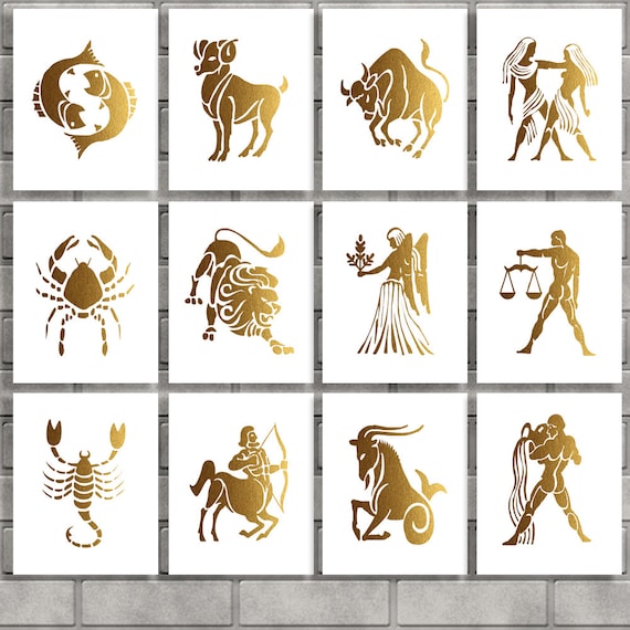 Zodiac Signs Printable Set of 12 Prints Gold Aries Leo | Etsy