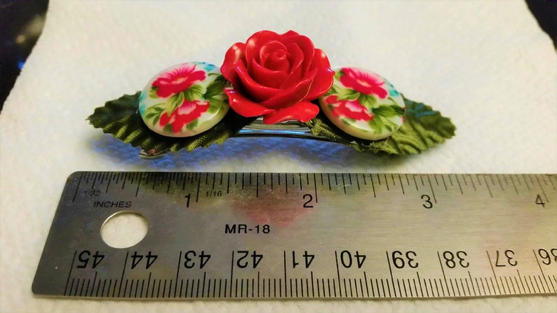 Handmade Red Rose Floral Charm Hair Barrette Valentine/'s Day Barrette Any Occasion