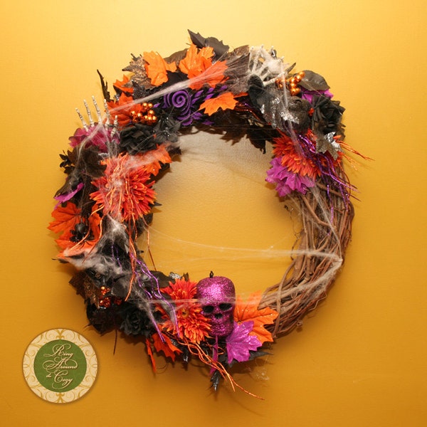 Halloween Wreath With Skeleton Bones, Spiders, Skull, and Spider Web, Grapevine wreaths under 100