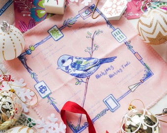 Beautiful Illustrated Hand Towel / Washcloth - Sparrow vs Mahjong, very soft, beautiful material