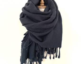 Dark Blue Overized Scarf White Check Stitch Long Wide Large Wrap Shawl Tassels