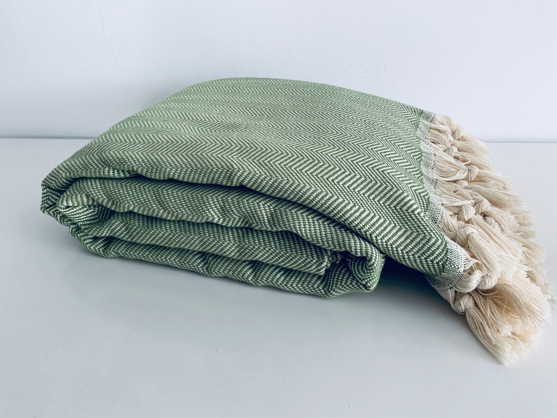 Green Herringbone Blanket Tassel Coverlet Natural Cotton Etsy