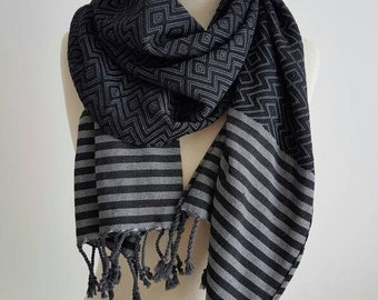 Trendy Tassel Shawl - Black Grey Oversized Scarf - Fashion Autumn Scarves - Ornament Travel Wrap - Bohemian Men Scarves - Woman Shawl