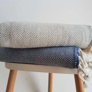 Herringbone Wool Throw Blanket - Merino Lamb Grey Denim Blue Coverlet - Ultra Soft Chevron Sofa Couch Throw - LivingRoom Decor - Cozy Throw