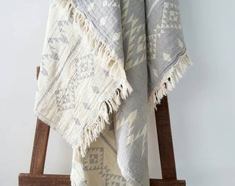 Grey Aztec Blanket Throw in - Native American Design throw - Picnic Blanket - Gypsy Fashion Blanket - Double sided throw  - Bohemian Bedding