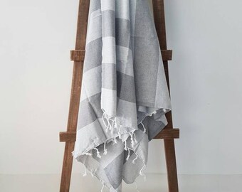 Grey Bath Towel - Tassel Beach Towel - Summer Sarong - Fouta - Stripe Grey towel - Gift for him - Lightweight Travel Towel - Bath Sheet