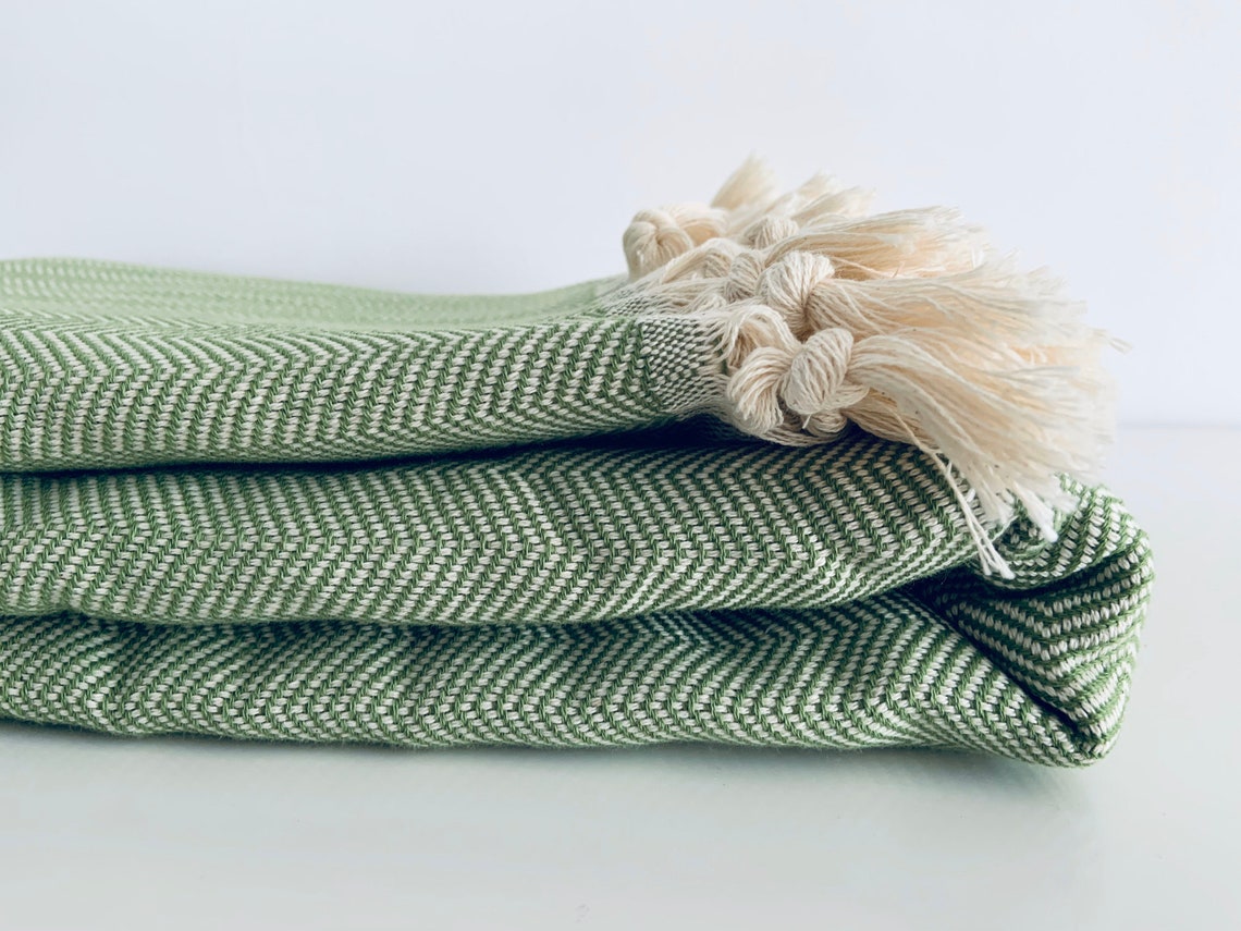 Green Herringbone Blanket Tassel Coverlet Natural Cotton Etsy