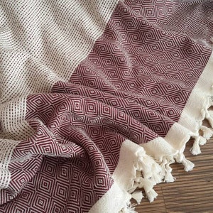 Burgundy Red blanket - Large BedSpread - 100% Cotton blanket in Diamond - Large Coverlet - Anniversary Gift - Natural Home Linen