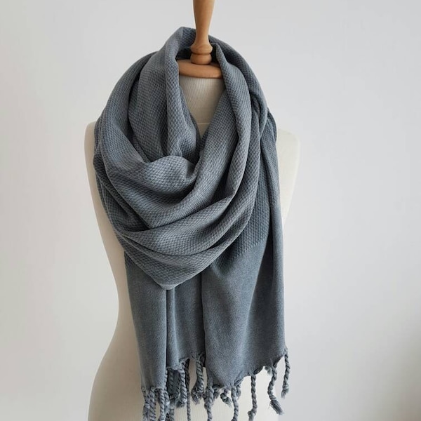 Huge Gray Scarf - Bohemian Style Wrap - Grey Travel Scarf - Tassel Shawl - UltraSoft Cotton Scarf - Comfy Autumn Scarves - Unisex Wrap