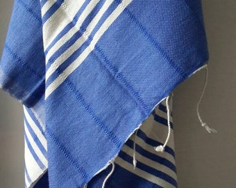 100 % cotton towel - Fringed Blue pareo - Handwoven Fouta - Blue and white striped towel  - Yachting towel throw - Gift for him