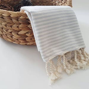 Cotton Hand Towel Stripe Daily Towel Rustic Kitchen Towel White and Grey Tea Towel Natural Dish Towel Small Towel with Tassels image 3