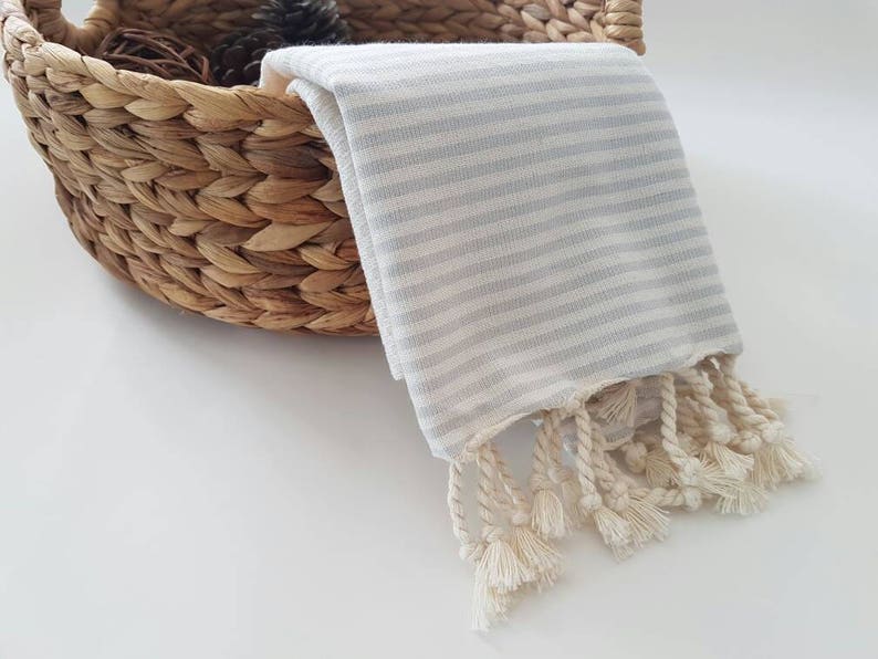 Cotton Hand Towel Stripe Daily Towel Rustic Kitchen Towel White and Grey Tea Towel Natural Dish Towel Small Towel with Tassels image 3