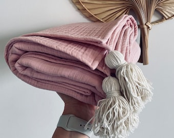 Pastell Rosa Decke mit Quasten - Geschenk für Mädchen - Erweichte Baumwolle Musselin Decke - Heimtextil