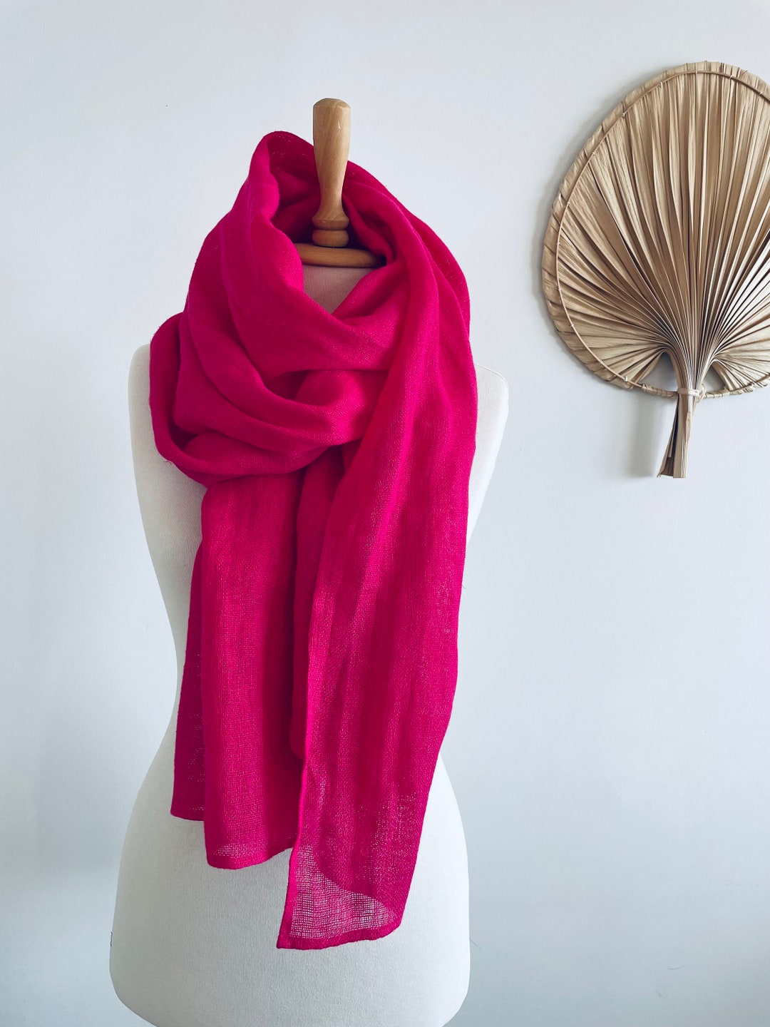 Organic Linen Scarf -Blue with Pink and White lined border