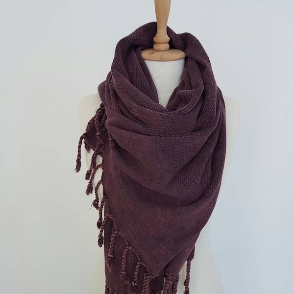 UltraSoft Aubergine Scarf - Rustic Stonewashed Scarf Wrap - Dark Purple Travel Shawl with Tassels - Oversized Bohemian Style Shawl