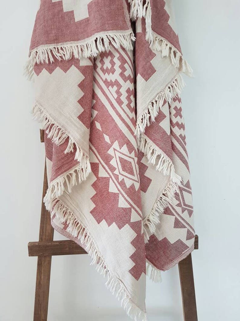 Burgundy Aztec Blanket Throw Navajo Trendy Blanket UltraSoft Throw Fringed Coverlet Bohemian Home Blanket Outdoor Travel Throw image 2