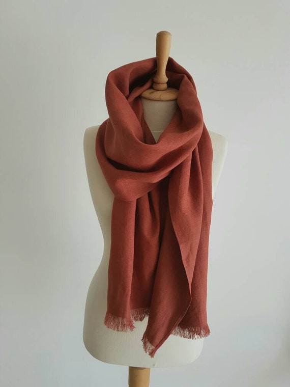 Brick Red Linen Scarf - Softened Flax Shawl With Fringes - Etsy