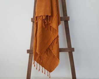 Mustard Brown Towel with Fringes - Bohemian Beach Wrap   - Tassel Towel - Mustard Throw - Natural Bath Towel - Travel Wrap - Oversized Scarf