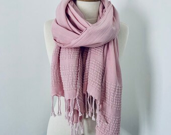 Pastel Pink Woman Scarf - UltraSoft Shawl - Cozy Woman Wrap - Beach Sarong Pareo - Beach Cover Up - Tassel Scarf - Stonewashed Cotton Wrap