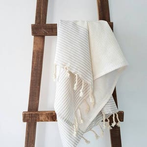 Cotton Hand Towel - Stripe Daily Towel - Rustic Kitchen Towel - White and Grey Tea Towel - Natural Dish Towel - Small Towel with Tassels