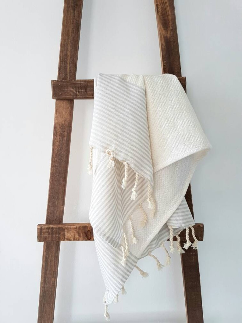 Cotton Hand Towel Stripe Daily Towel Rustic Kitchen Towel White and Grey Tea Towel Natural Dish Towel Small Towel with Tassels image 1