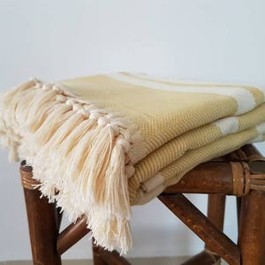 Mustard Herringbone Blanket - 100% Cotton Woven Blanket - Dijon Yellow Blanket - Summer Coverlet - Blanket with fringes - Cotton Bedspread