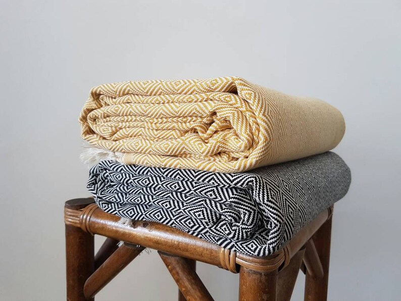 Mustard Black Cotton Bedspread Woven Diamond Blanket With Etsy