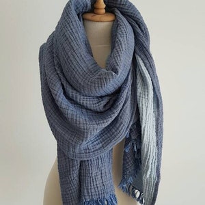 Denim Blue Oversized Scarf - UltraSoft Wrinkle Cotton Scarves - Double Layer Huge Gauze Shawl - Travel Adventure Cover Up - BohoStyle Outfit