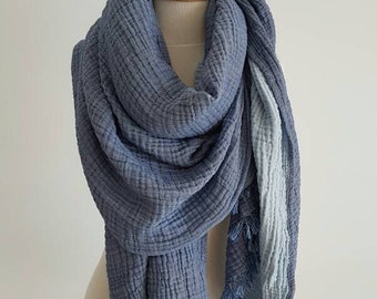 Denim Blue Oversized Scarf - UltraSoft Wrinkle Cotton Scarves - Double Layer Huge Gauze Shawl - Travel Adventure Cover Up - BohoStyle Outfit