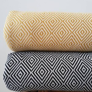 Mustard Black Cotton BedSpread - Woven Diamond Blanket with Fringes - Natural BedCover - Mustard Picnic Blanket Black Bedding image 3