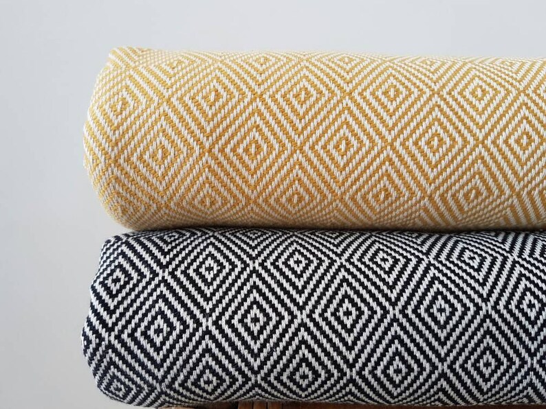 Mustard Black Cotton BedSpread - Woven Diamond Blanket with Fringes - Natural BedCover - Mustard Picnic Blanket Black Bedding image 3