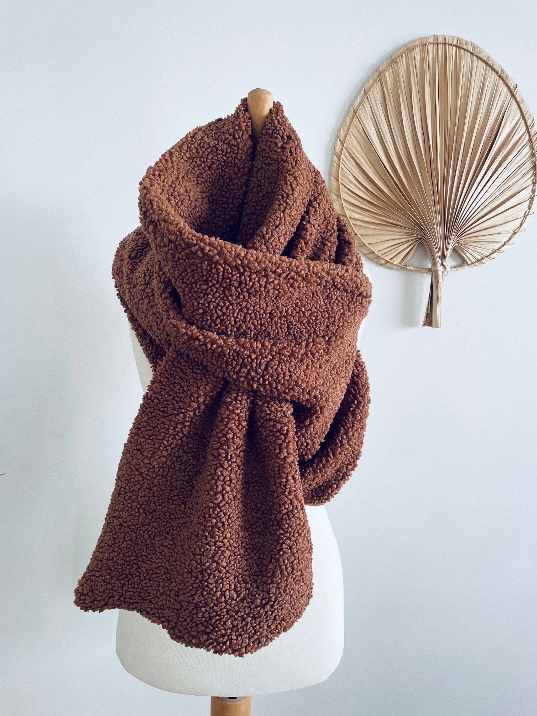 Blanket Scarf - Keyhole Boucle Scarf - Brown Stole Wrap - Chunky Scarves - Unisex Winter Shawl - Christmas Gift