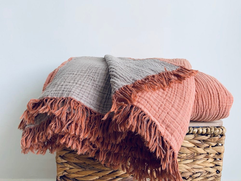 Cotton Gauze Blanket Huge Coverlet With Fringes Naturally Etsy