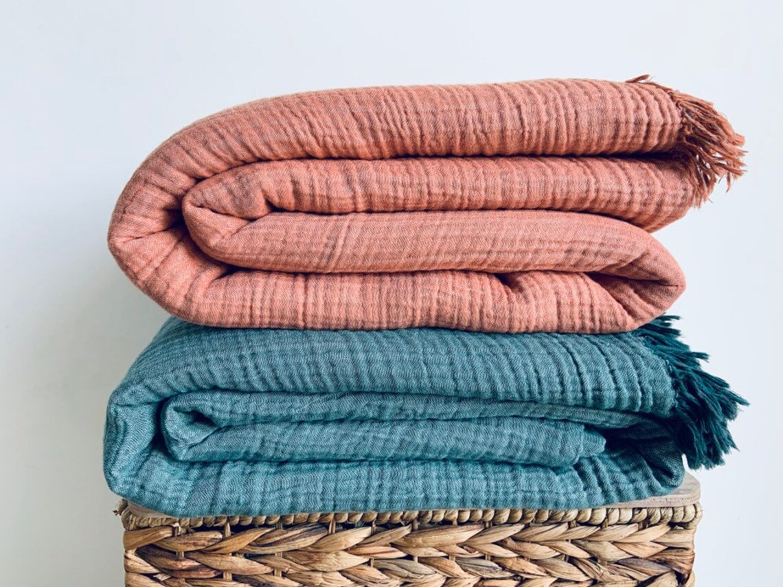 Cotton Gauze Blanket Huge Coverlet With Fringes Naturally Etsy