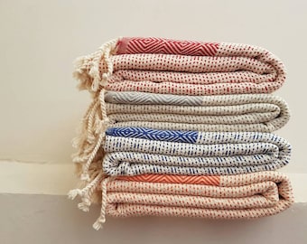 100 % Cotton Diamond throw - Natural Bath Towel - Beach Wrap - Gift for Mother - HandLoom towel - Tassel towel - Red Orange Gray Blue Towel