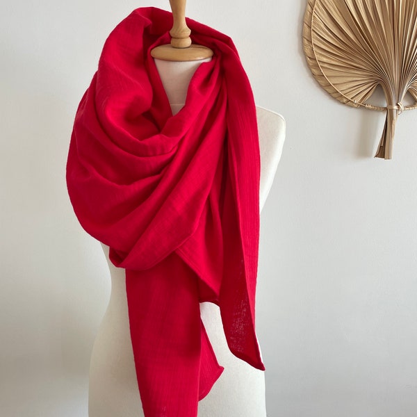 Red Cotton Scarf - Soft Gauze Wrap - Woman Scarves - Streetstyle Outfit - Unisex Cotton Shawl - Anniversary Gift