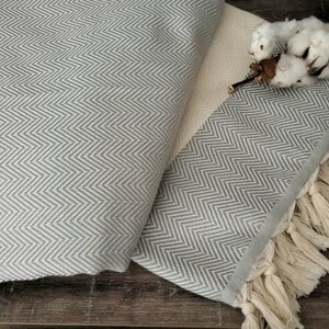 Blanket GREY HERRINGBONE - 100 % Cotton blanket - Organic throw - Chevron Blanket  - Grey bed cover - Picnic Blanket - Fringed Throw