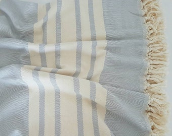 Grey Herringbone Bedspread - Stripe Chevron Blanket - Handwoven Cotton BedCover - Loom Blankets - Big Family Blanket - Housewarming Gift