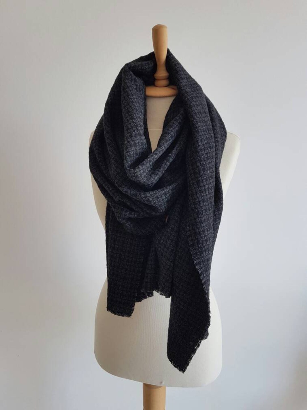 Wool Scarf Blanket - Black Grey Warm Comfy Big Fall Winter Scarf