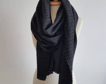 Wool Scarf Blanket - Black Grey Warm Comfy Big Fall Winter Scarf - Unisex Wool Shawl - Trendy Autumn Scarf - Oversized Cozy Scarf
