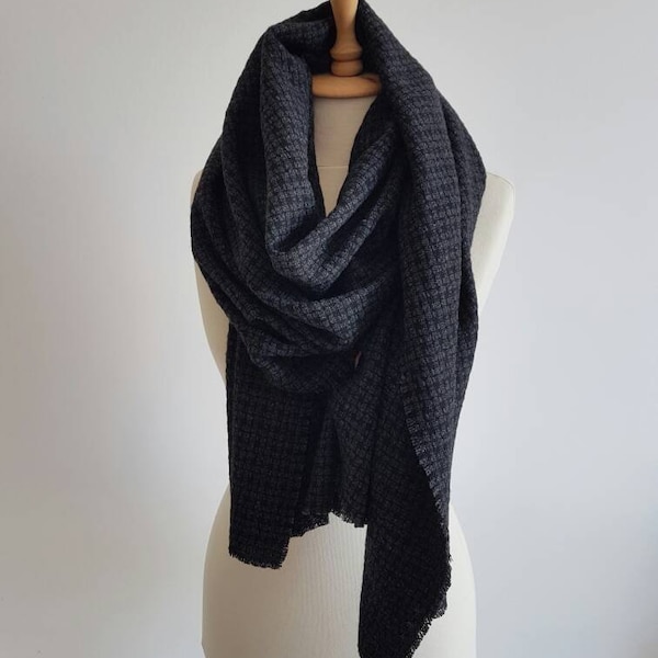 Wool Scarf Blanket - Black Grey Warm Comfy Big Fall Winter Scarf - Unisex Wool Shawl - Trendy Autumn Scarf - Oversized Cozy Scarf