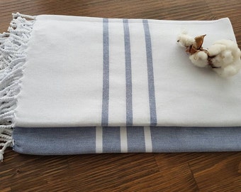Blue Stripe Towel  - Beach Fouta Towel - Tassel throw - Travel towel - Pure Cotton Bathroom Linen - Natural Bath Sheet - Country House