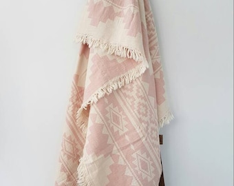 Navajo-filt - pastellrosa filt - julklapp till henne - boho strandbröllop - ornament rosa sängkläderfilt - boho filt