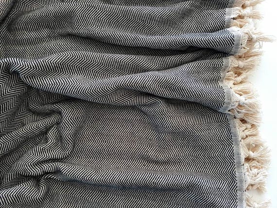 Black Herringbone Blanket Fringed Chevron Blanket Pure - Etsy