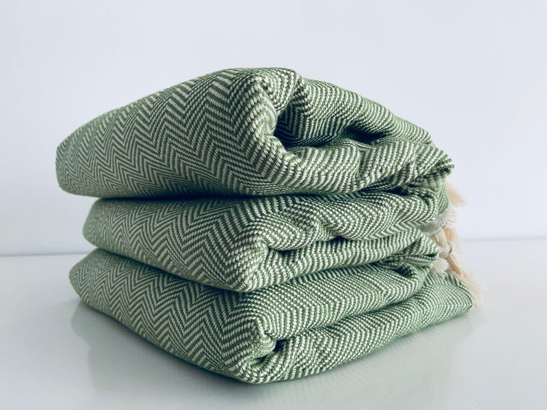 Green Herringbone Blanket Tassel Coverlet Natural Cotton Etsy
