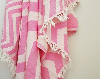 Pink Chevron Fouta towel - Soft Beach blanket - Stonewashed Cotton towel - ZigZag throw - Natural Swaddle blanket -Boho Girls - Gift of Love