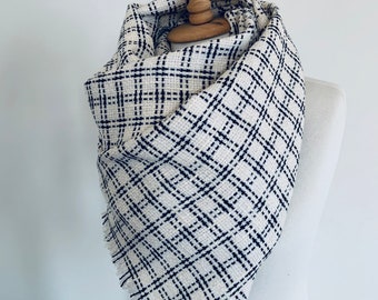 Oversized Wool Scarf - Large Plaid Wool Scarf - Winter Wool Wrap -  White Black Shawl - Gift for Christmas